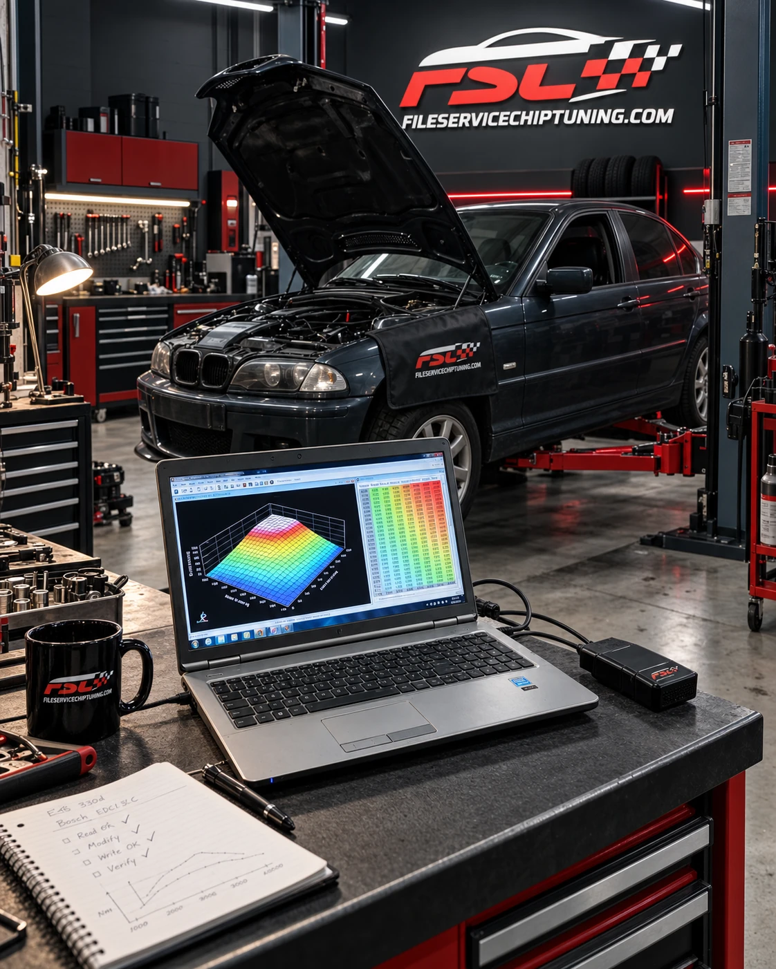 Illustrative automotive workshop at night